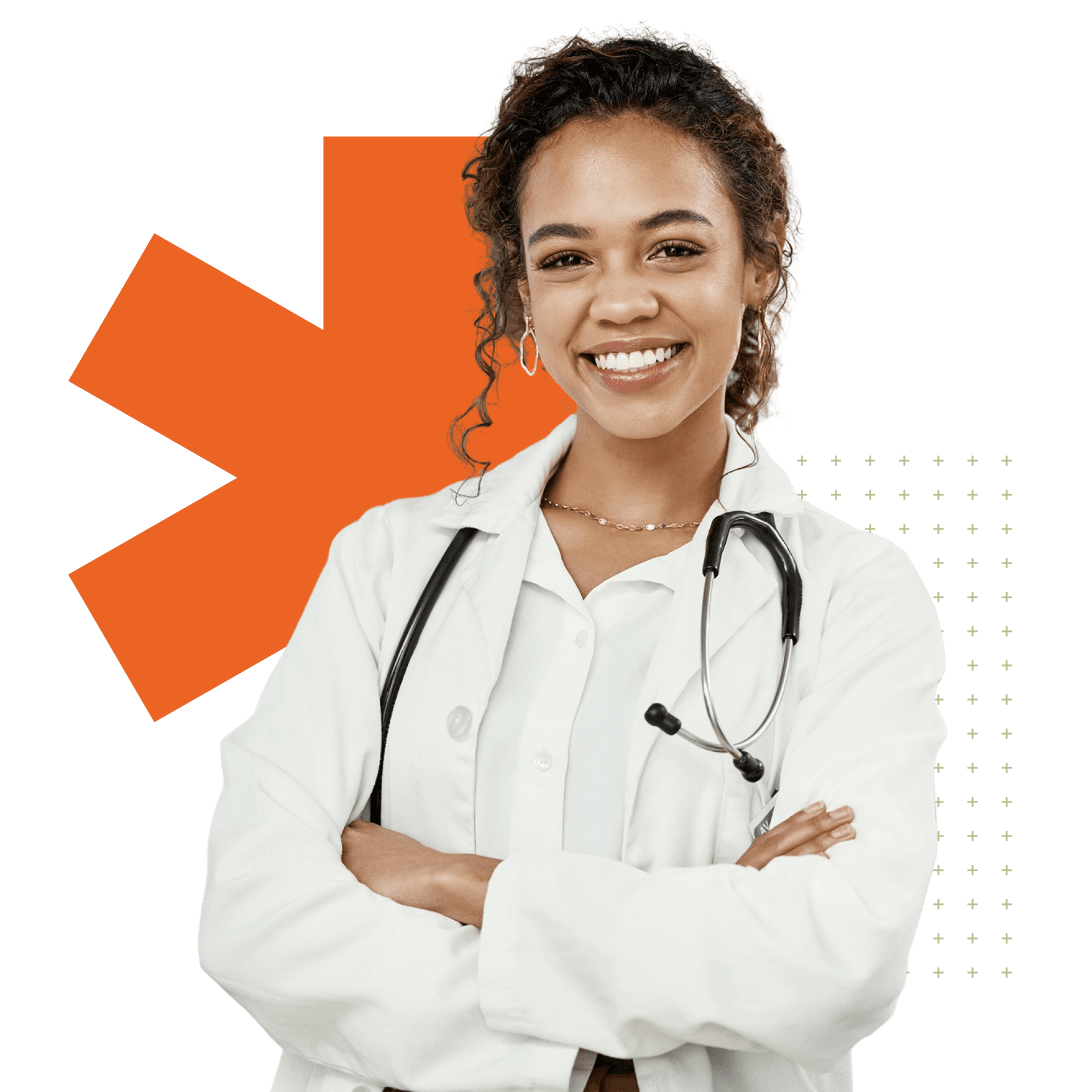 Smiling young female doctor with arms folded on a graphic background